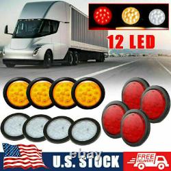 12PCS 4 Round 12-LED Brake Stop Turn Trailer Tail Lights Red + White + Amber