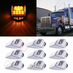 9x Clear/Amber 17 LED Cab Marker Top Clearance Light Chrome universal truck